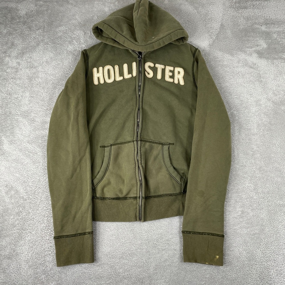 Hollister Hoodie Mens Medium Olive Green Spellout Applique Full Zip Y2K Surf